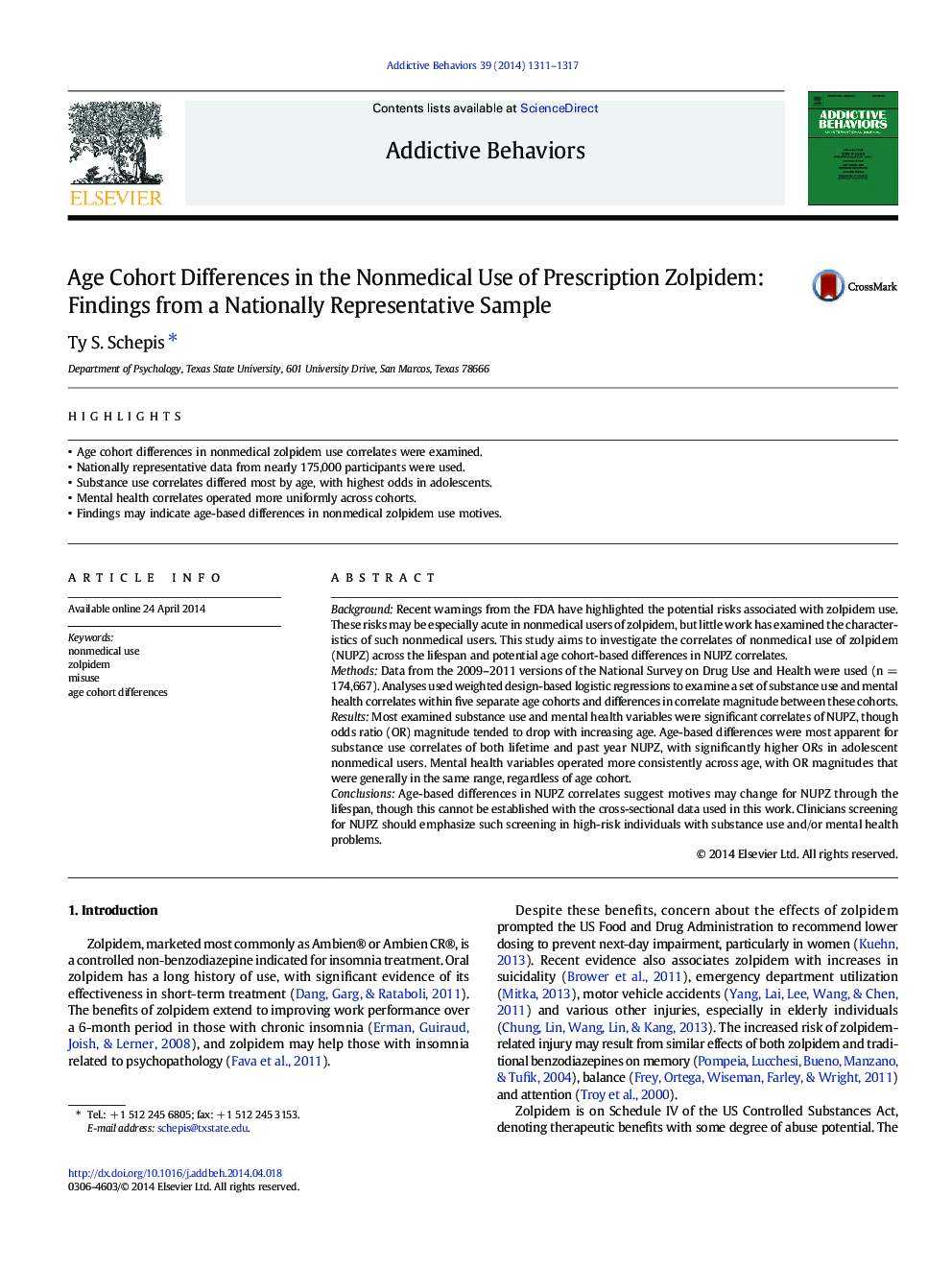 Age Cohort Differences in the Nonmedical Use of Prescription Zolpidem: Findings from a Nationally Representative Sample