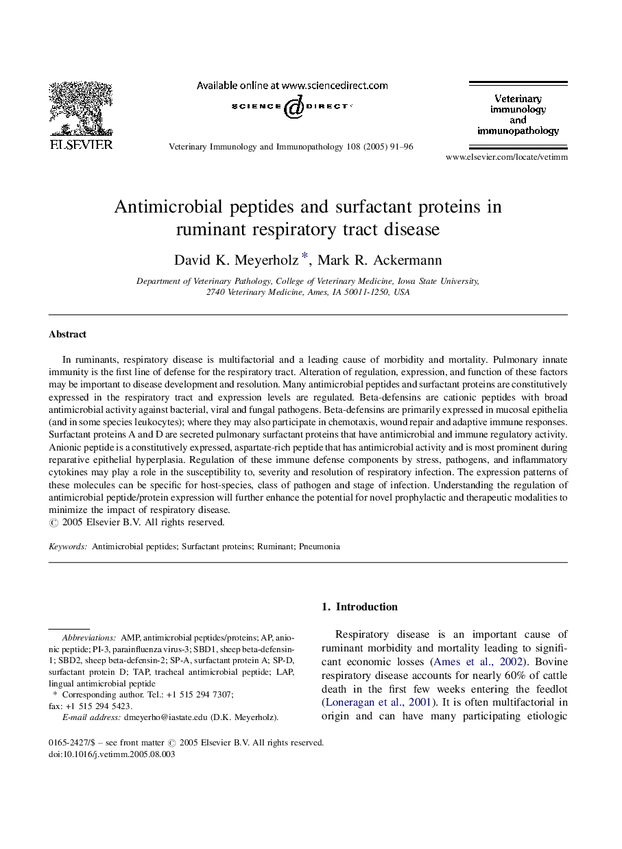 Antimicrobial peptides and surfactant proteins in ruminant respiratory tract disease