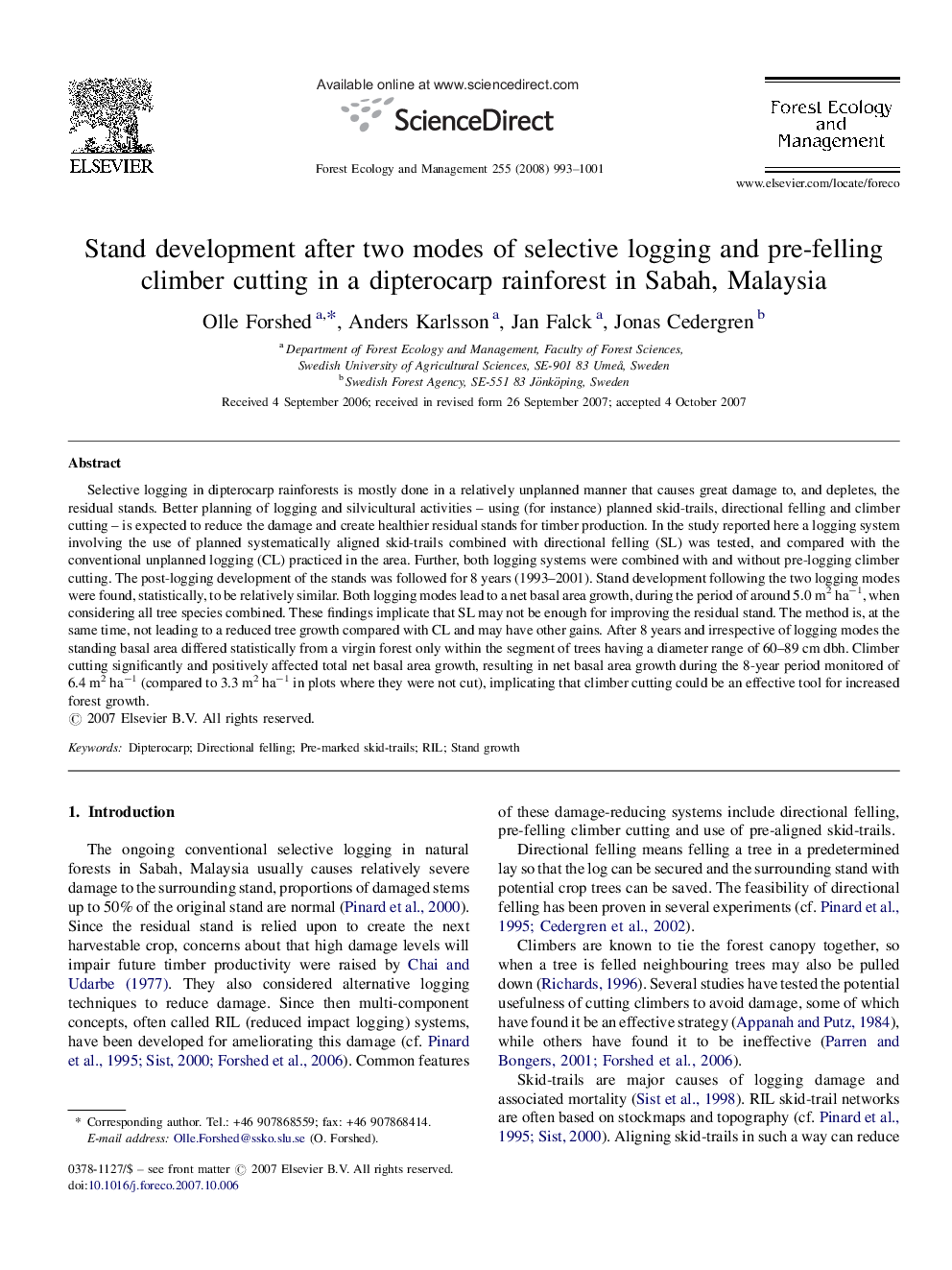 Stand development after two modes of selective logging and pre-felling climber cutting in a dipterocarp rainforest in Sabah, Malaysia