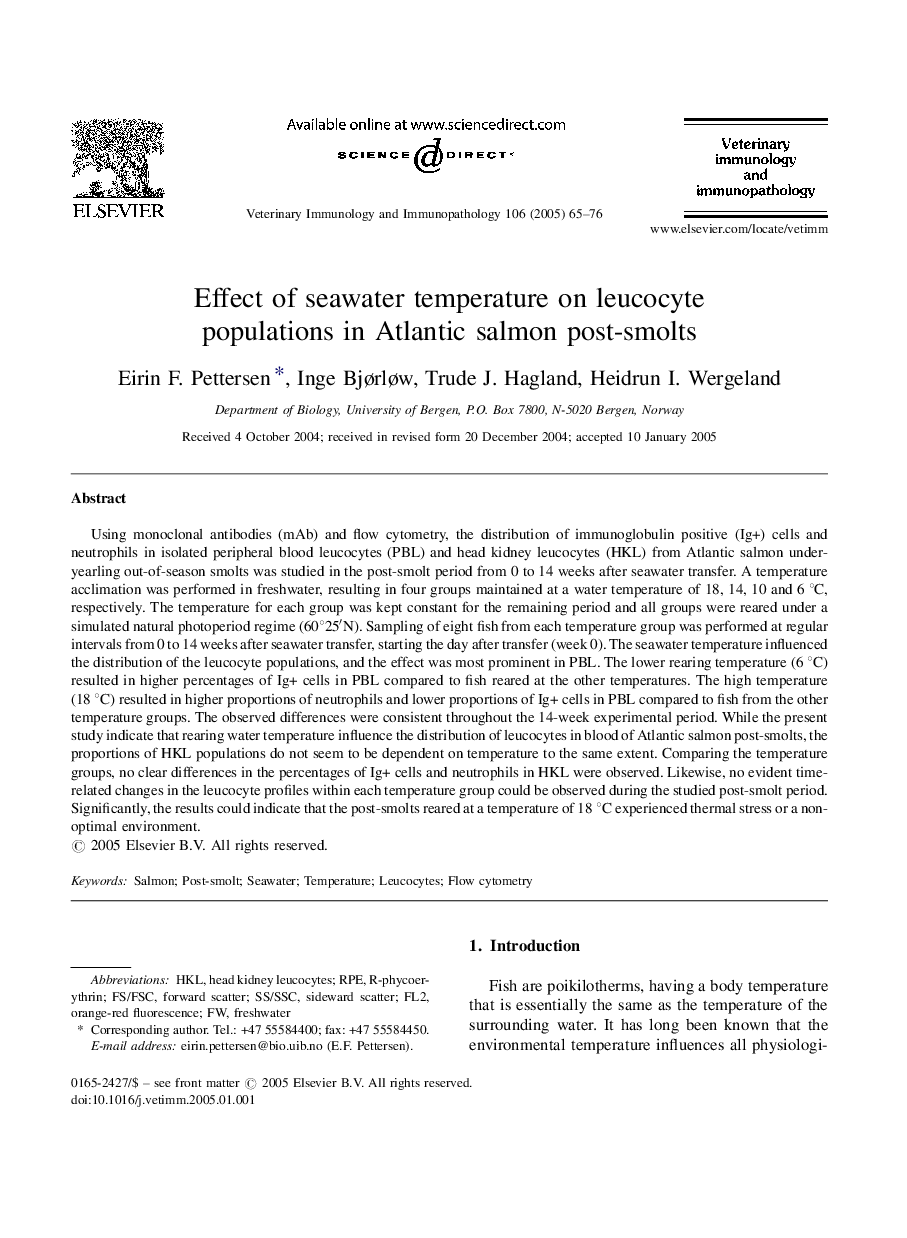 Effect of seawater temperature on leucocyte populations in Atlantic salmon post-smolts