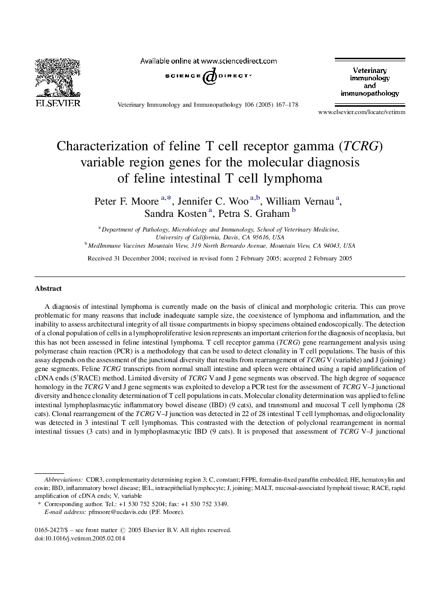 Characterization of feline T cell receptor gamma (TCRG) variable region genes for the molecular diagnosis of feline intestinal T cell lymphoma