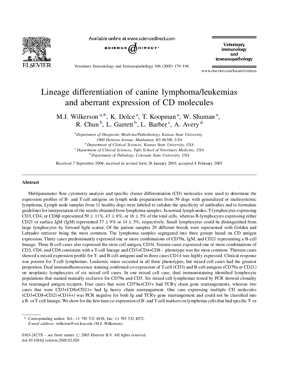 Lineage differentiation of canine lymphoma/leukemias and aberrant expression of CD molecules