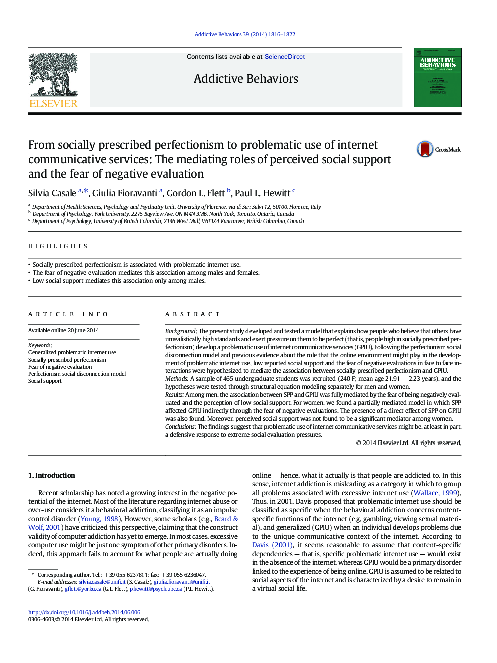 From socially prescribed perfectionism to problematic use of internet communicative services: The mediating roles of perceived social support and the fear of negative evaluation