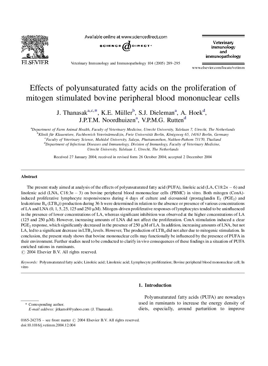 Effects of polyunsaturated fatty acids on the proliferation of mitogen stimulated bovine peripheral blood mononuclear cells