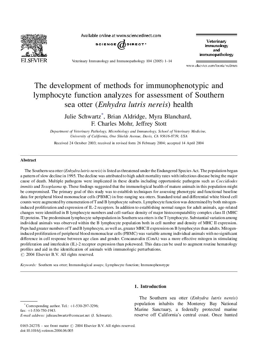 The development of methods for immunophenotypic and lymphocyte function analyzes for assessment of Southern sea otter (Enhydra lutris nereis) health