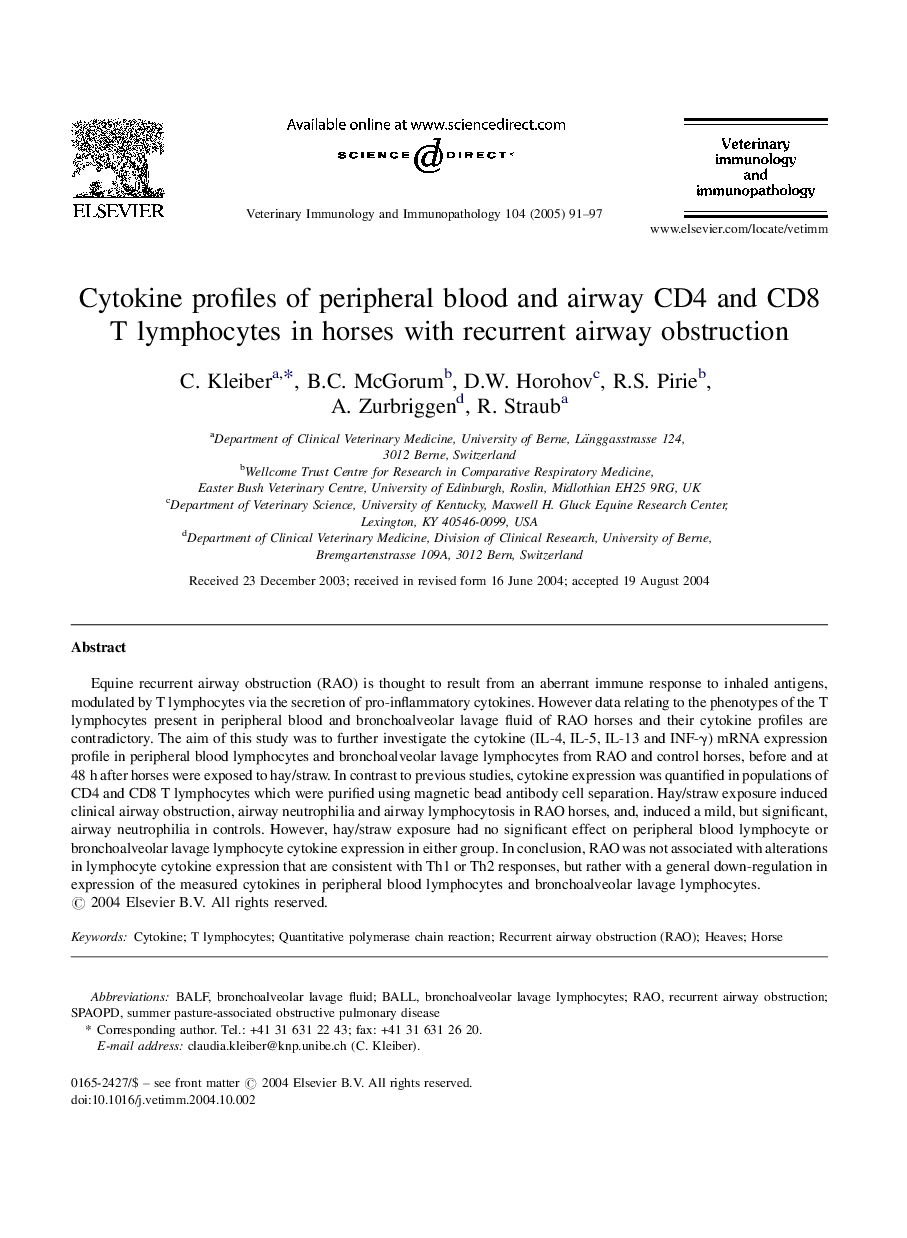 Cytokine profiles of peripheral blood and airway CD4 and CD8 T lymphocytes in horses with recurrent airway obstruction