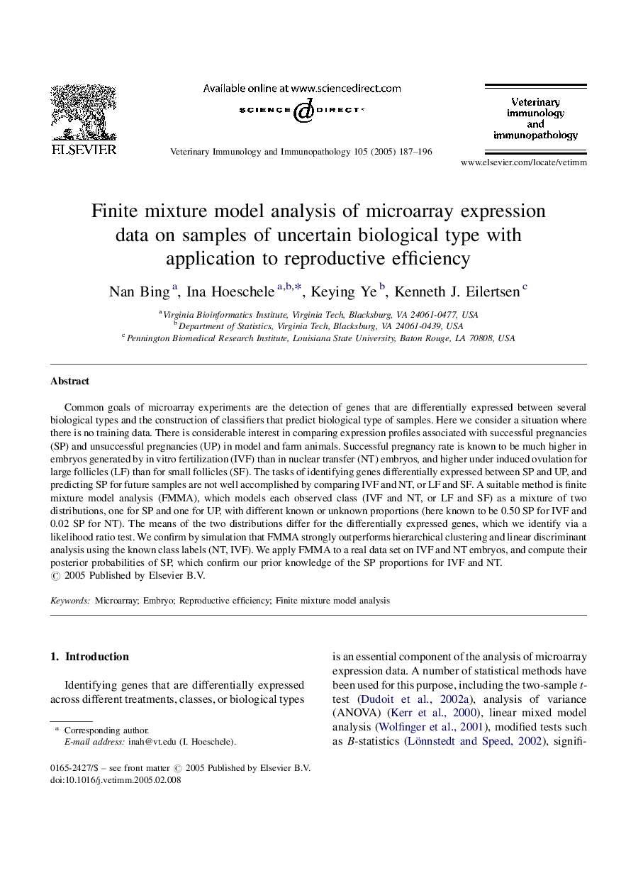 Finite mixture model analysis of microarray expression data on samples of uncertain biological type with application to reproductive efficiency