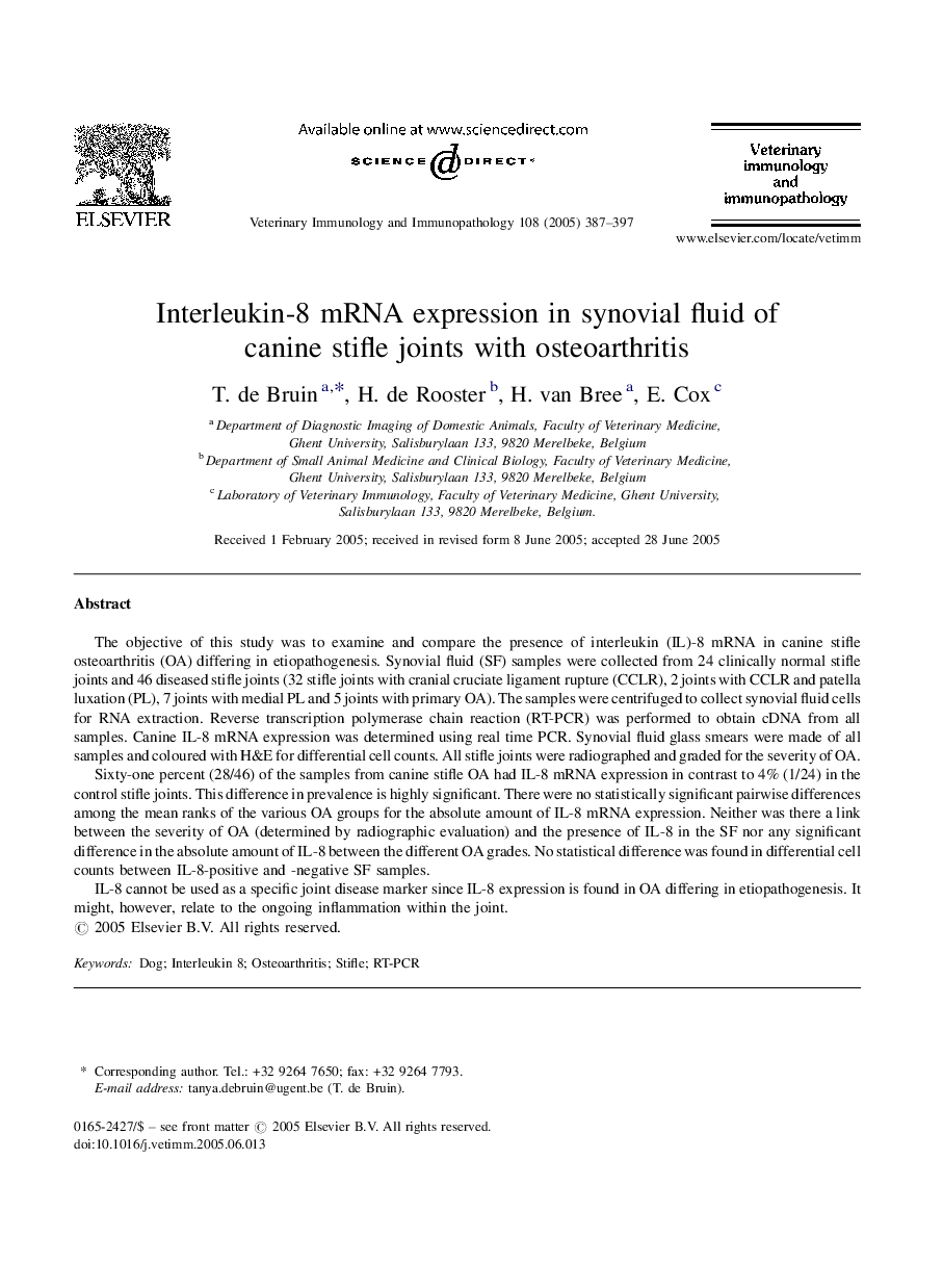 Interleukin-8 mRNA expression in synovial fluid of canine stifle joints with osteoarthritis