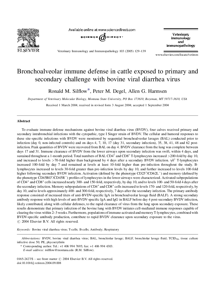 Bronchoalveolar immune defense in cattle exposed to primary and secondary challenge with bovine viral diarrhea virus