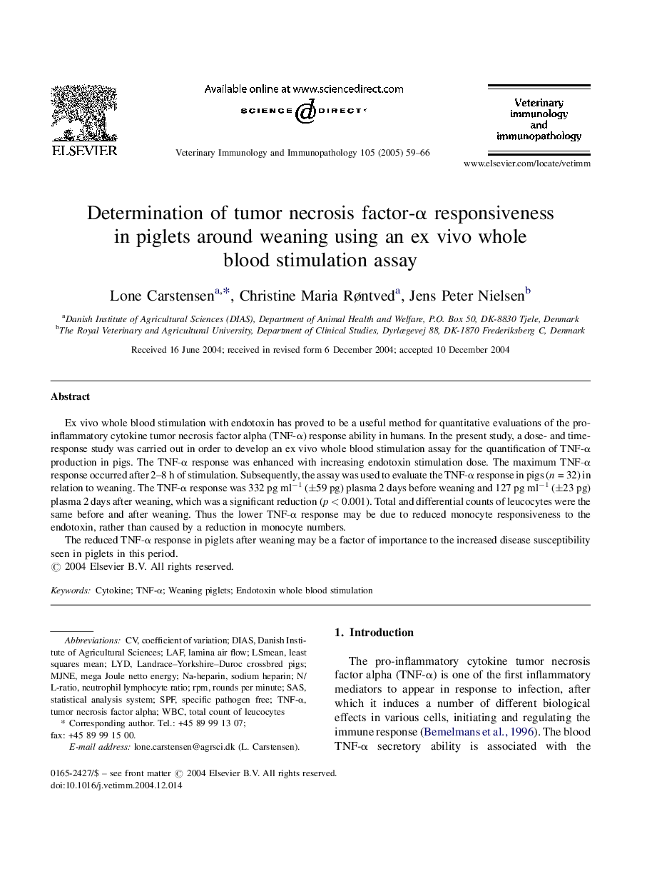 Determination of tumor necrosis factor-Î± responsiveness in piglets around weaning using an ex vivo whole blood stimulation assay