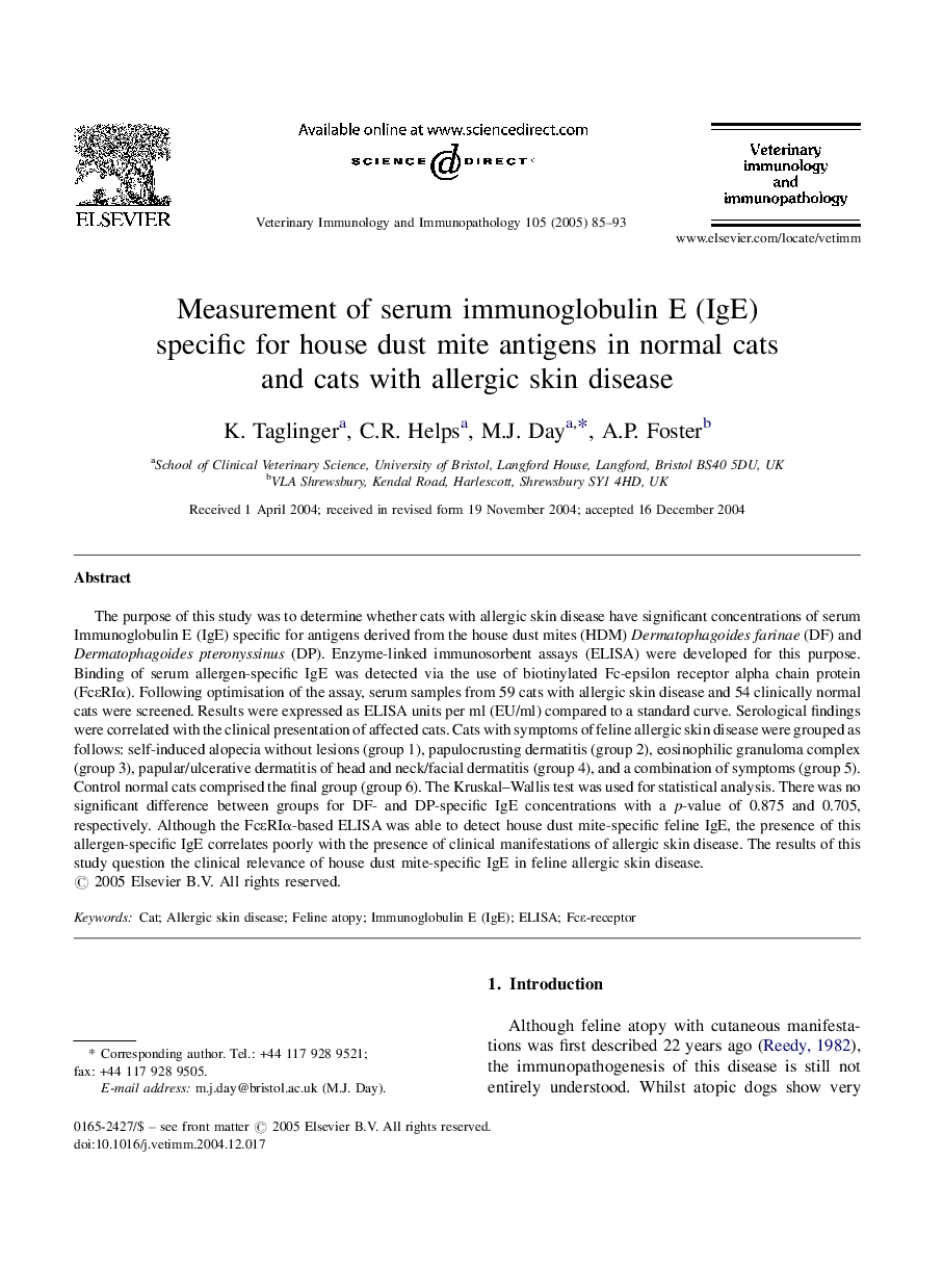 Measurement of serum immunoglobulin E (IgE) specific for house dust mite antigens in normal cats and cats with allergic skin disease