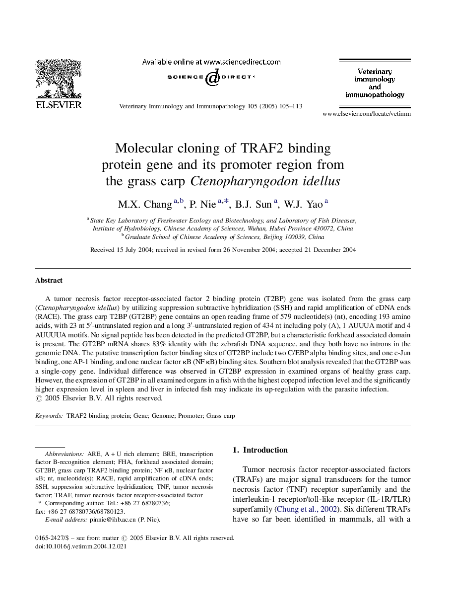 Molecular cloning of TRAF2 binding protein gene and its promoter region from the grass carp Ctenopharyngodon idellus