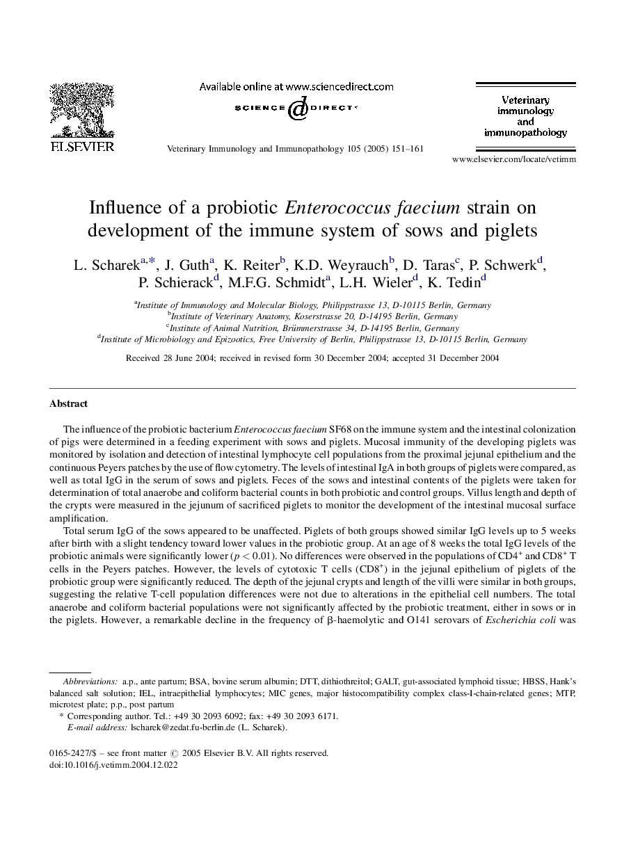 Influence of a probiotic Enterococcus faecium strain on development of the immune system of sows and piglets