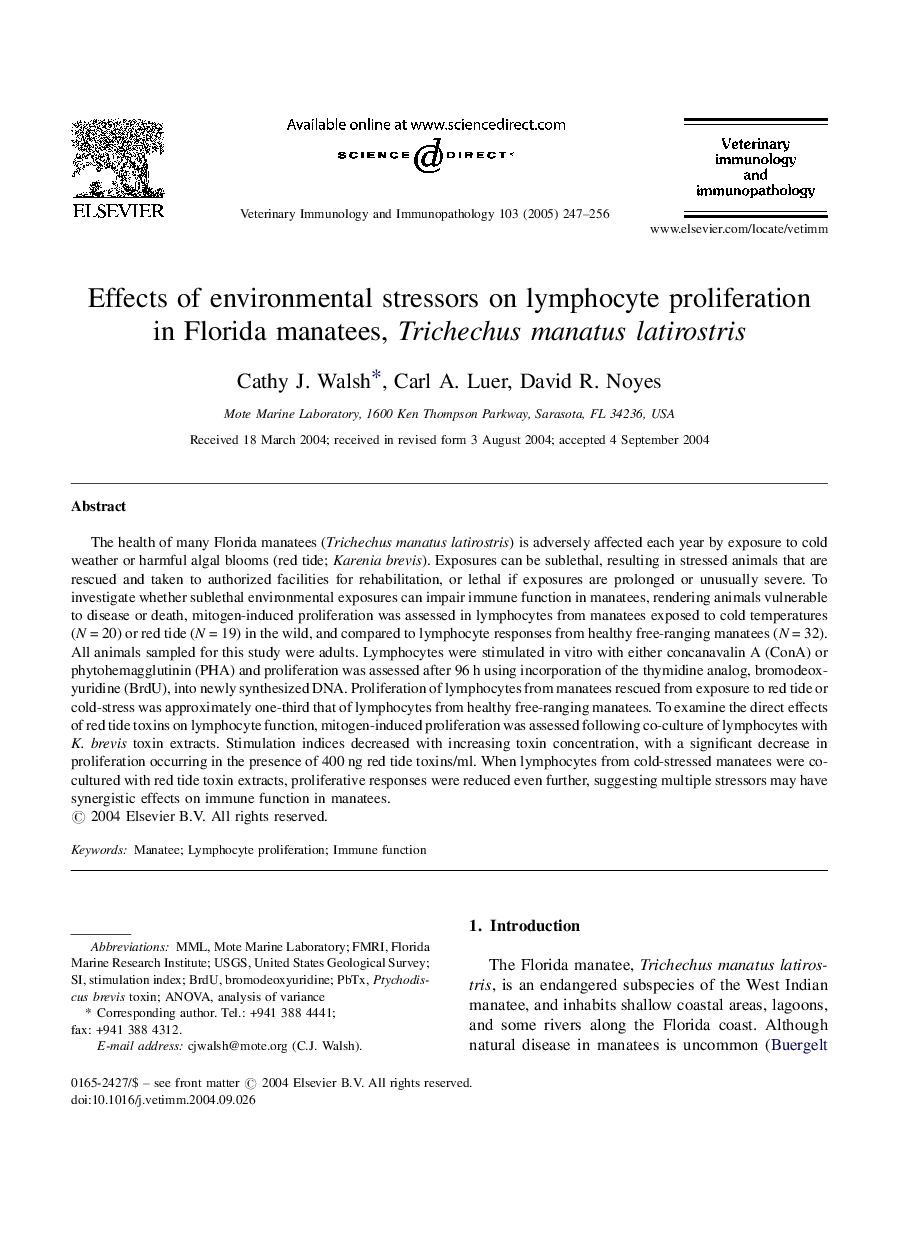 Effects of environmental stressors on lymphocyte proliferation in Florida manatees, Trichechus manatus latirostris