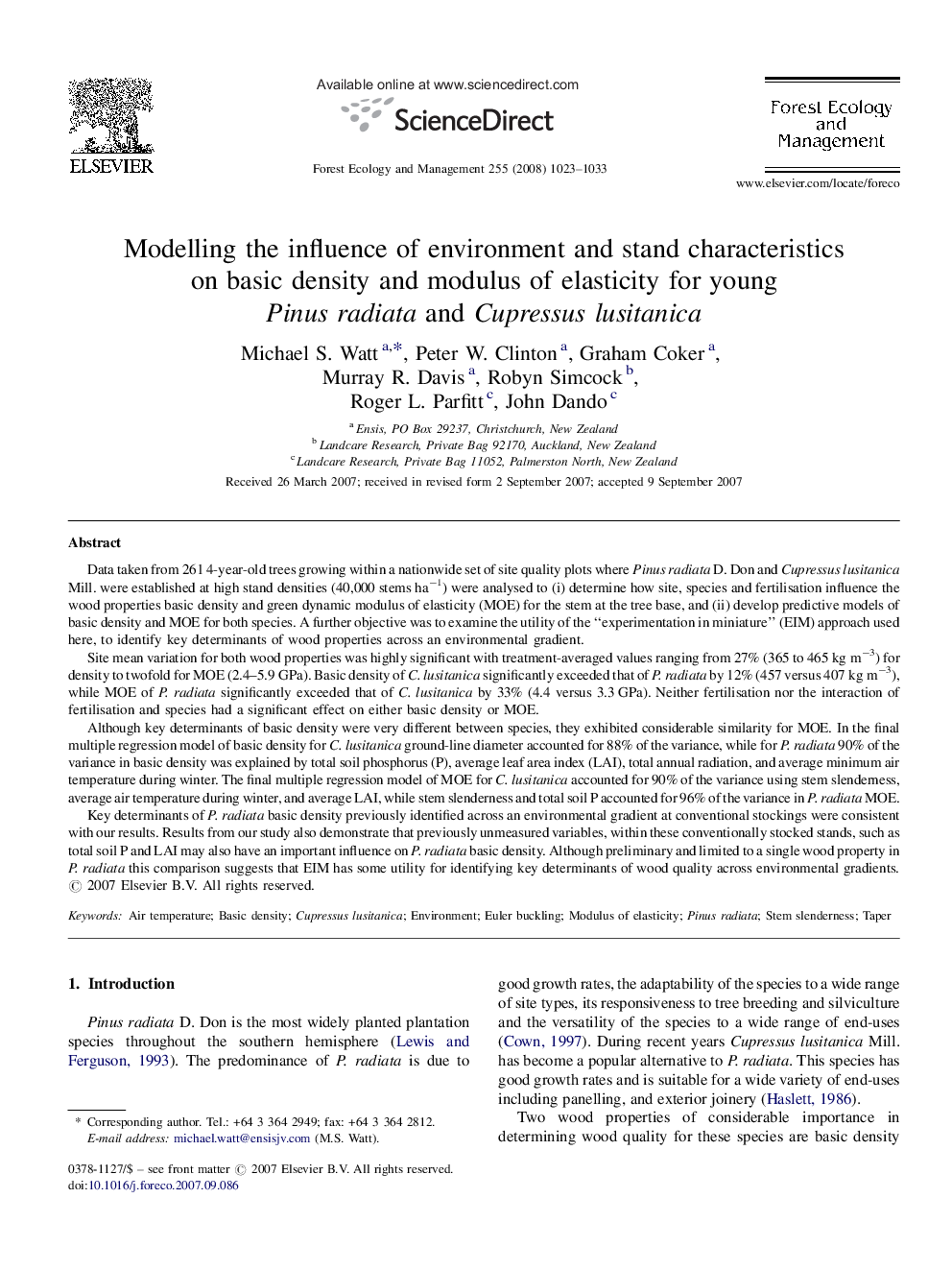 Modelling the influence of environment and stand characteristics on basic density and modulus of elasticity for young Pinus radiata and Cupressus lusitanica