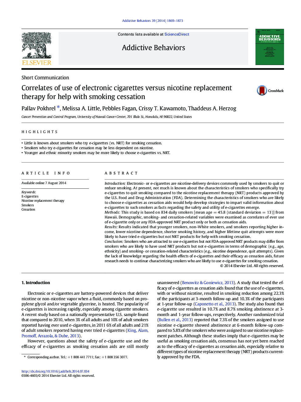 Correlates of use of electronic cigarettes versus nicotine replacement therapy for help with smoking cessation