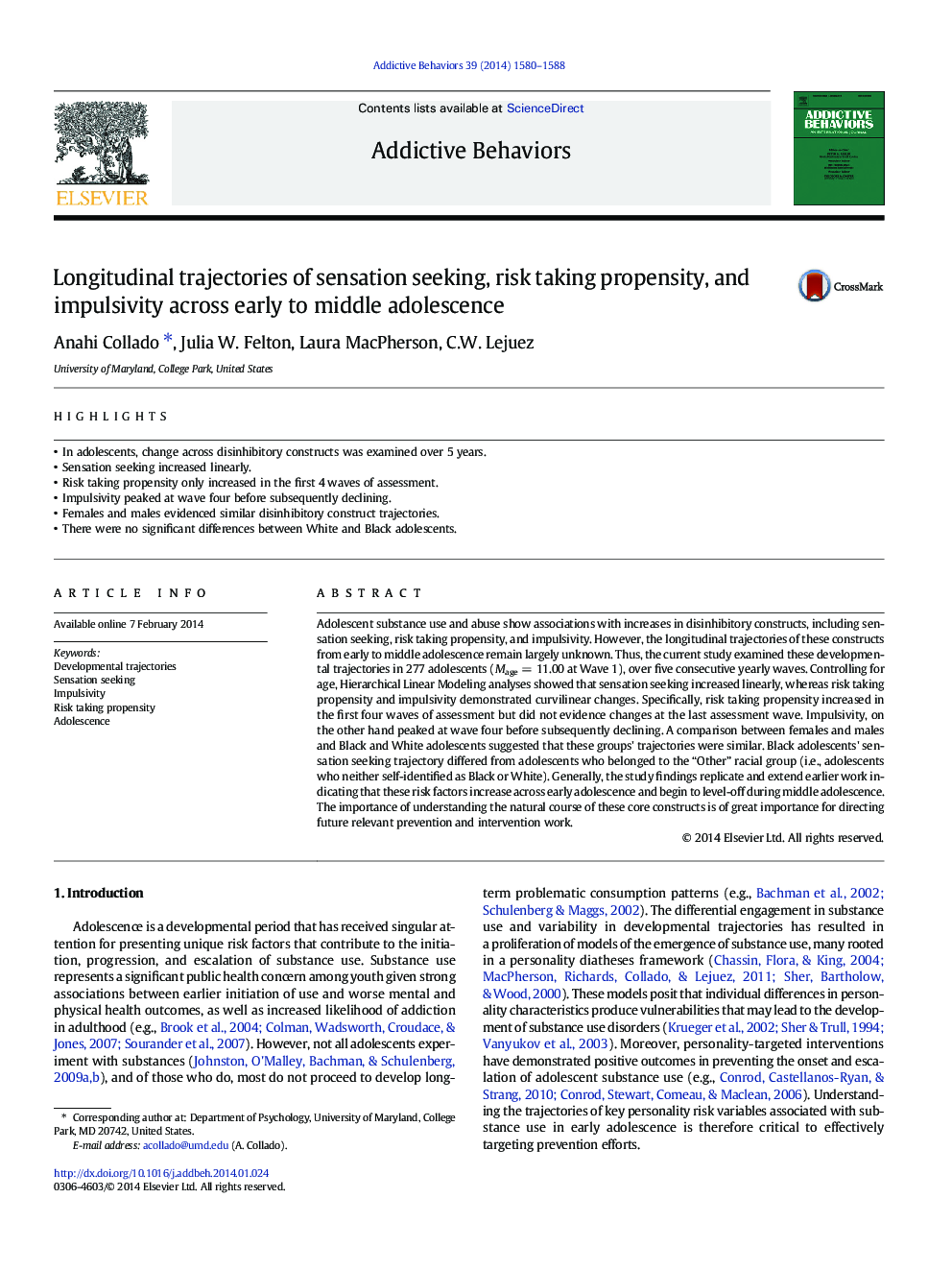 Longitudinal trajectories of sensation seeking, risk taking propensity, and impulsivity across early to middle adolescence