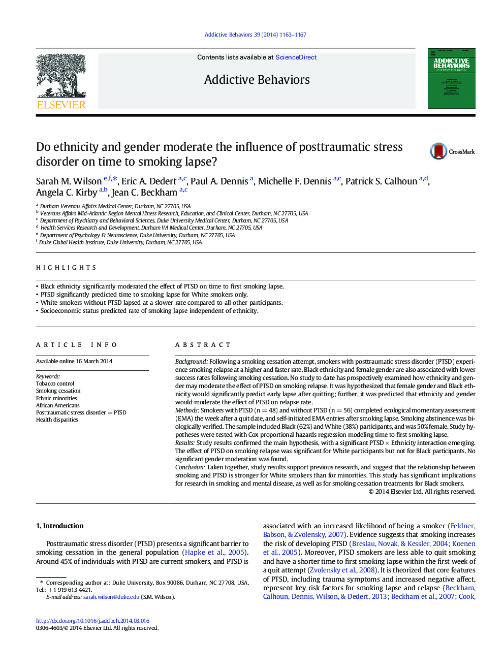 Do ethnicity and gender moderate the influence of posttraumatic stress disorder on time to smoking lapse?