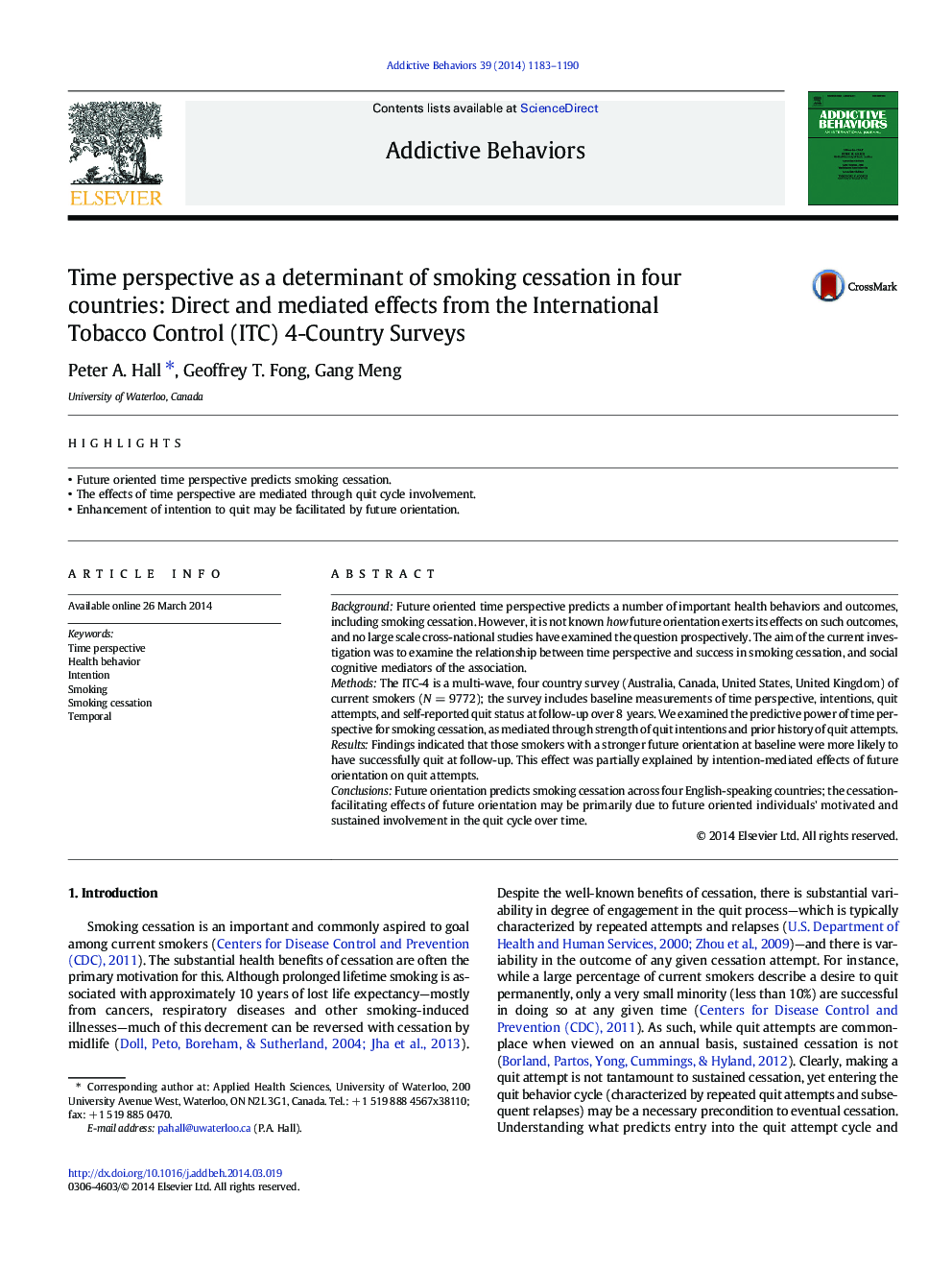 Time perspective as a determinant of smoking cessation in four countries: Direct and mediated effects from the International Tobacco Control (ITC) 4-Country Surveys