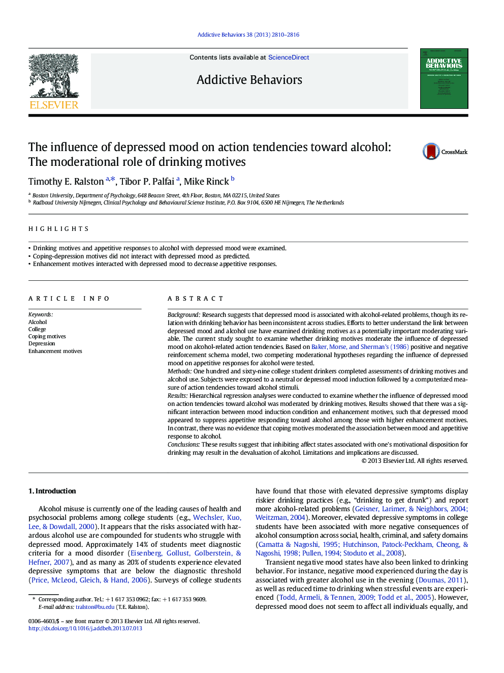 The influence of depressed mood on action tendencies toward alcohol: The moderational role of drinking motives