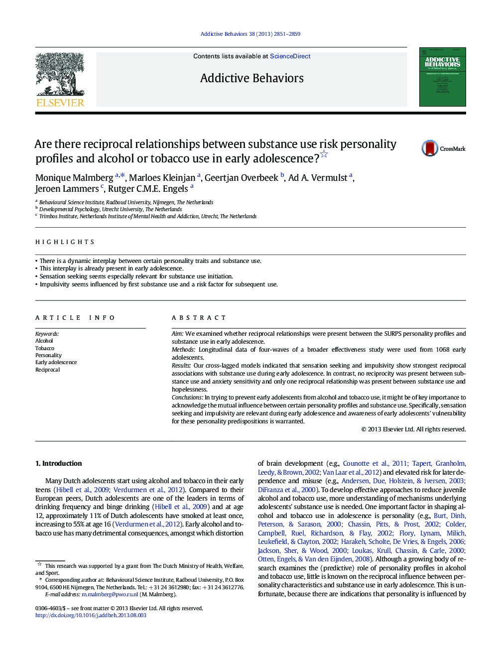 Are there reciprocal relationships between substance use risk personality profiles and alcohol or tobacco use in early adolescence? 