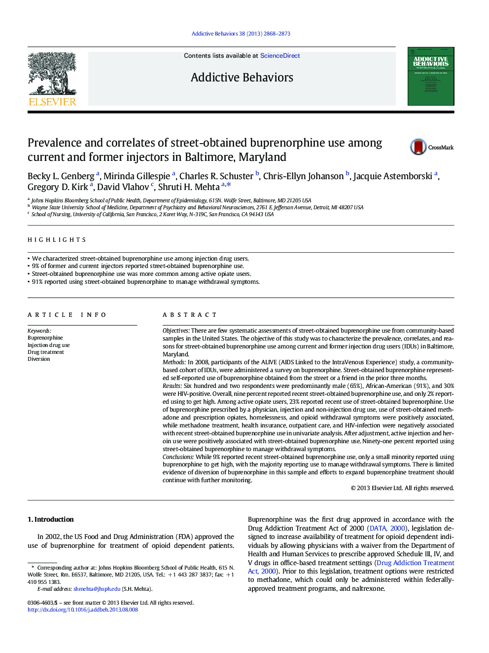 Prevalence and correlates of street-obtained buprenorphine use among current and former injectors in Baltimore, Maryland