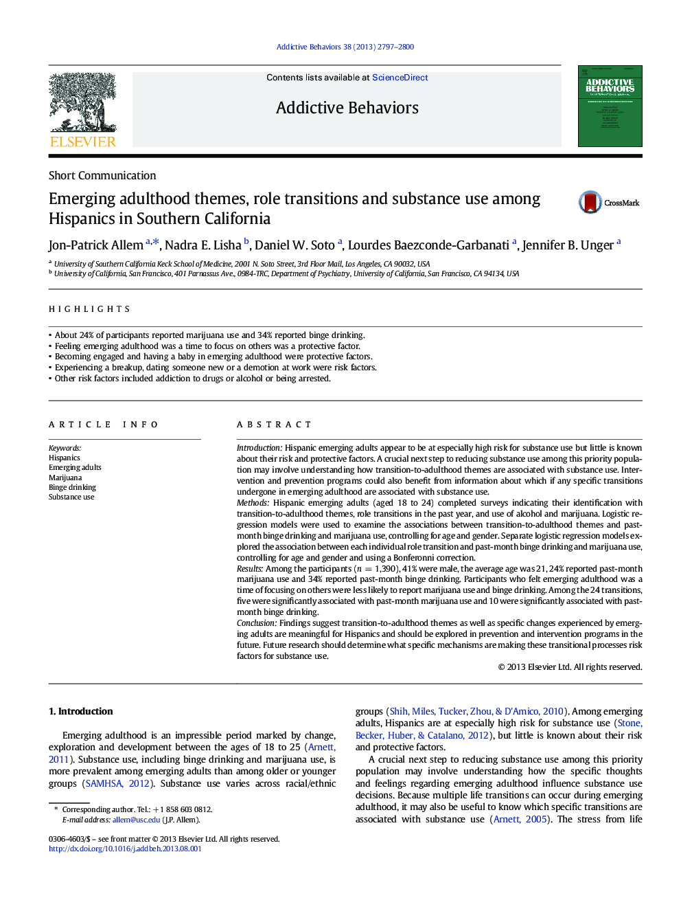 Emerging adulthood themes, role transitions and substance use among Hispanics in Southern California