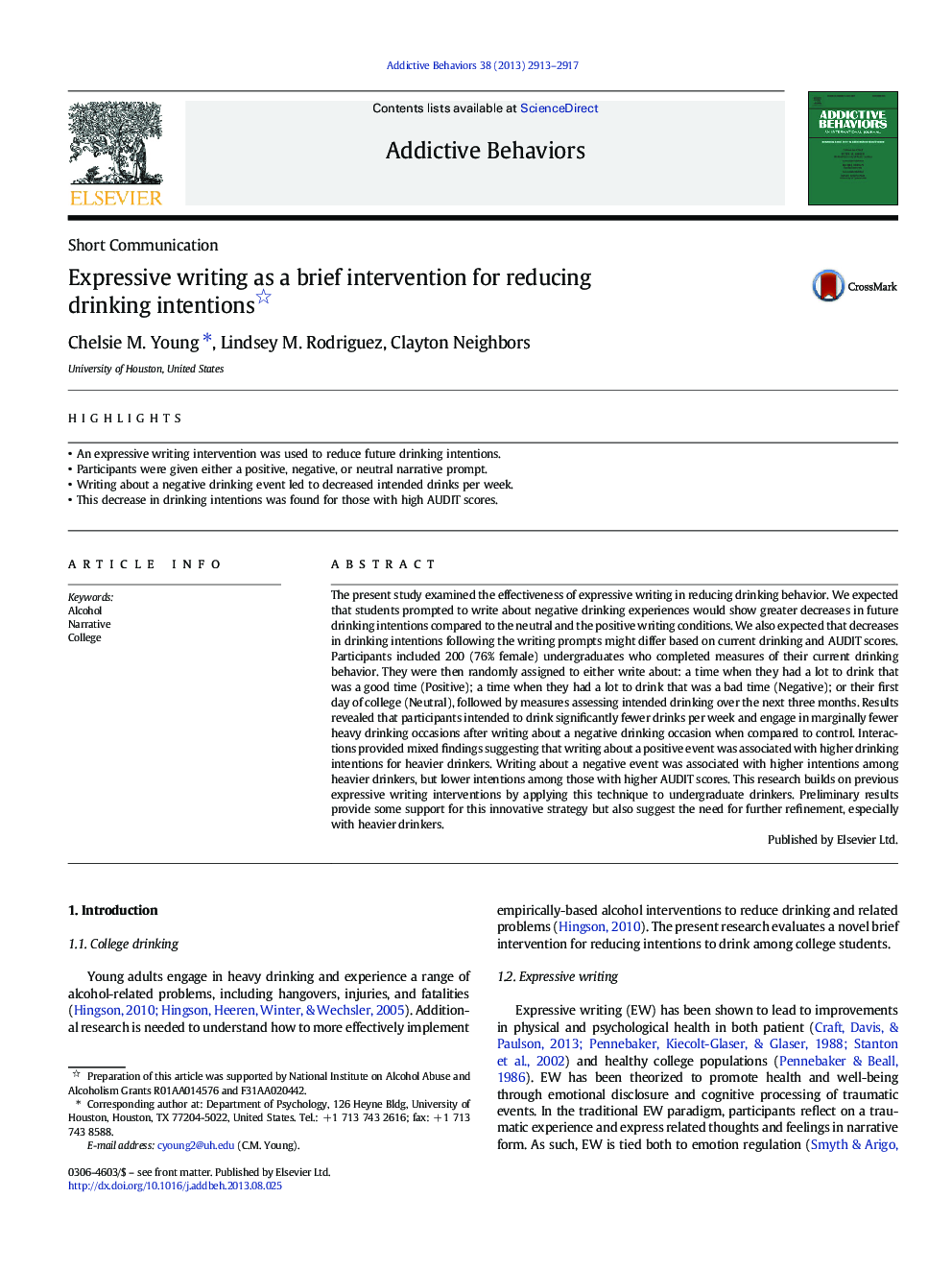 Expressive writing as a brief intervention for reducing drinking intentions 