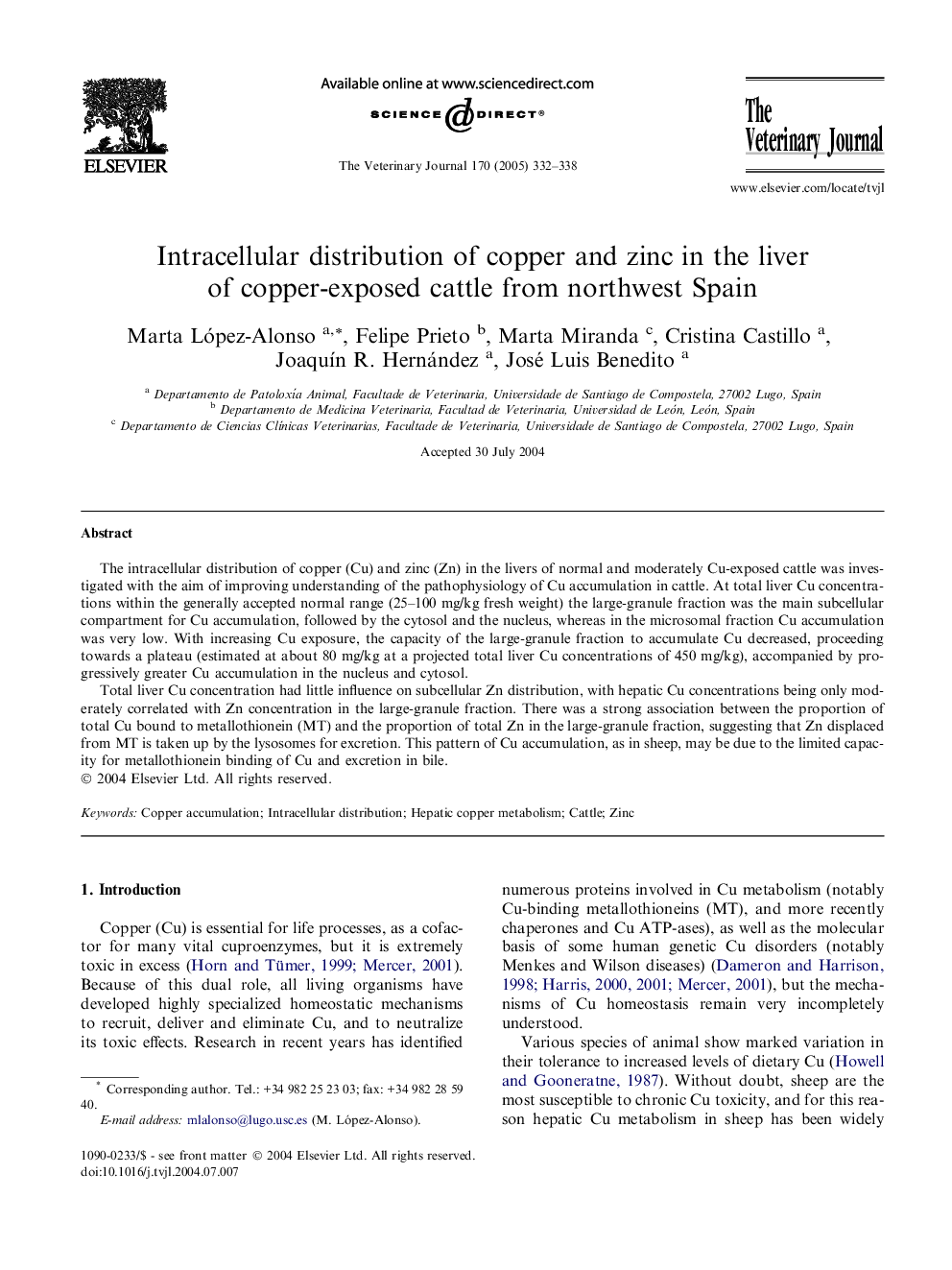 Intracellular distribution of copper and zinc in the liver of copper-exposed cattle from northwest Spain