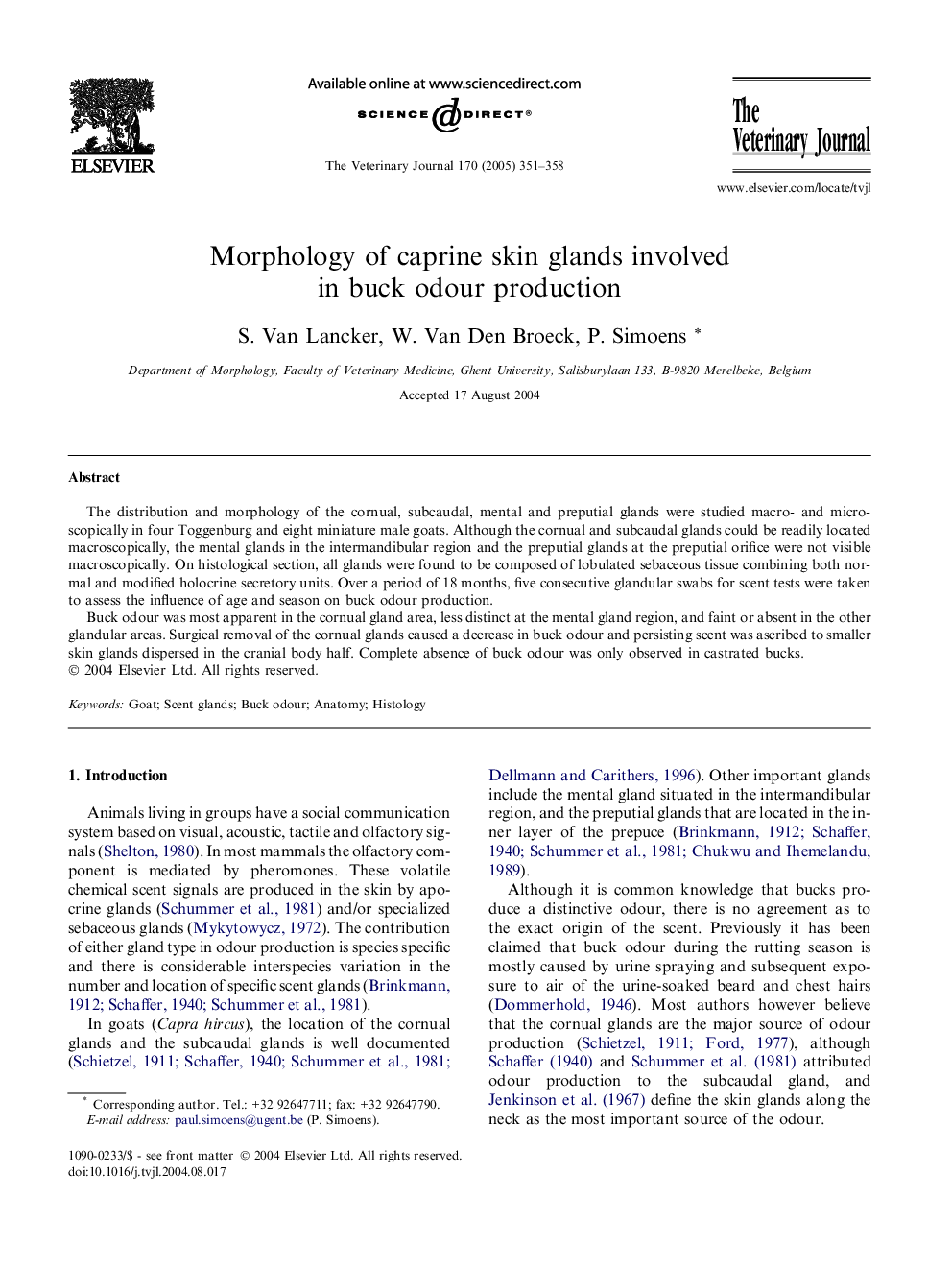 Morphology of caprine skin glands involved in buck odour production