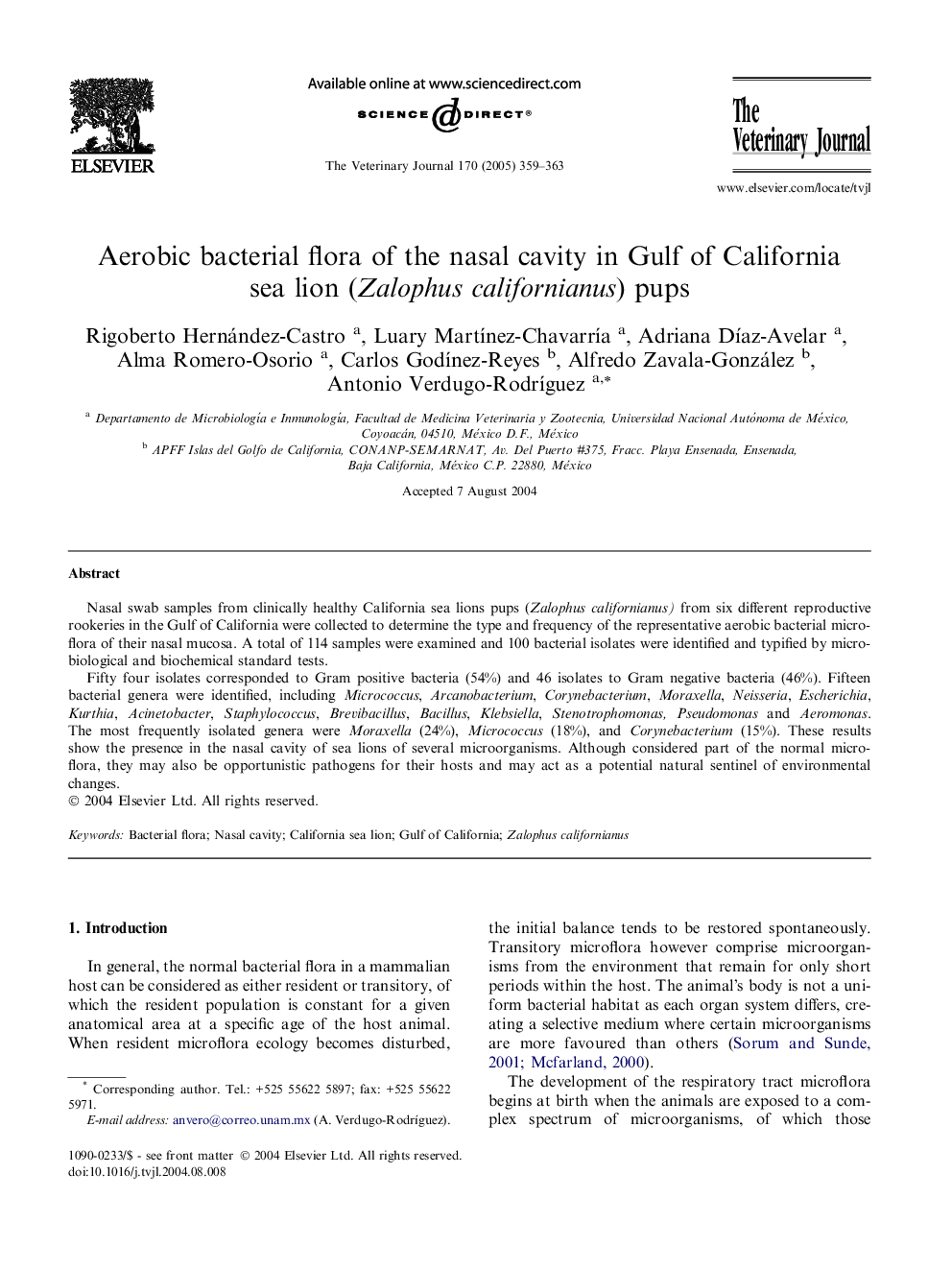 Aerobic bacterial flora of the nasal cavity in Gulf of California sea lion (Zalophus californianus) pups