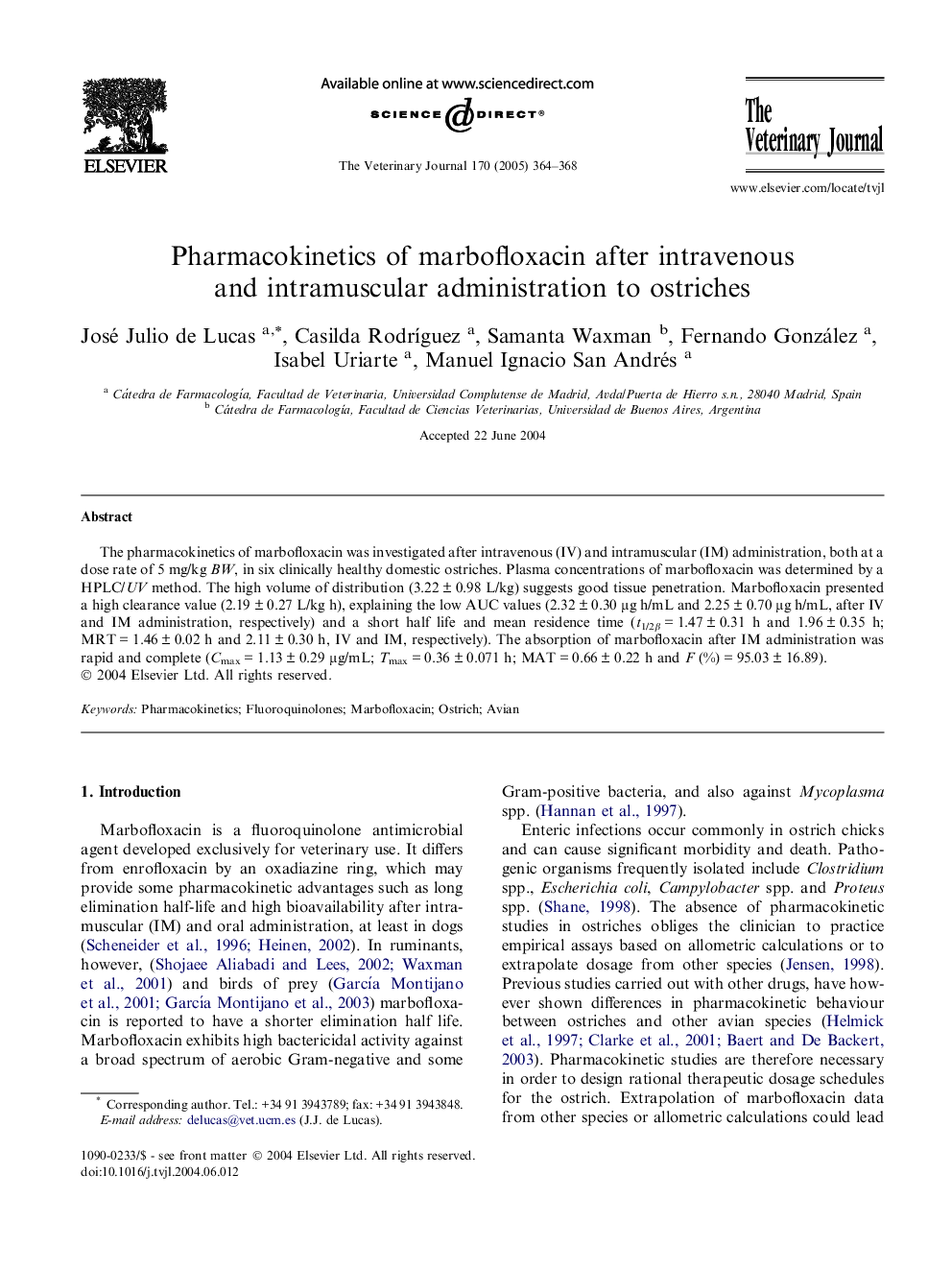 Pharmacokinetics of marbofloxacin after intravenous and intramuscular administration to ostriches