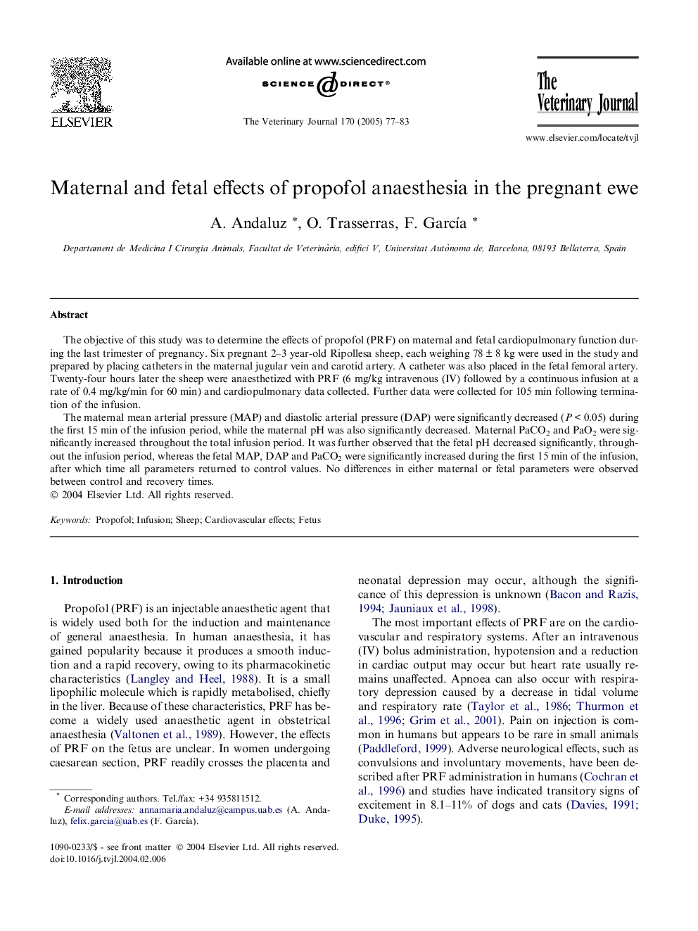 Maternal and fetal effects of propofol anaesthesia in the pregnant ewe