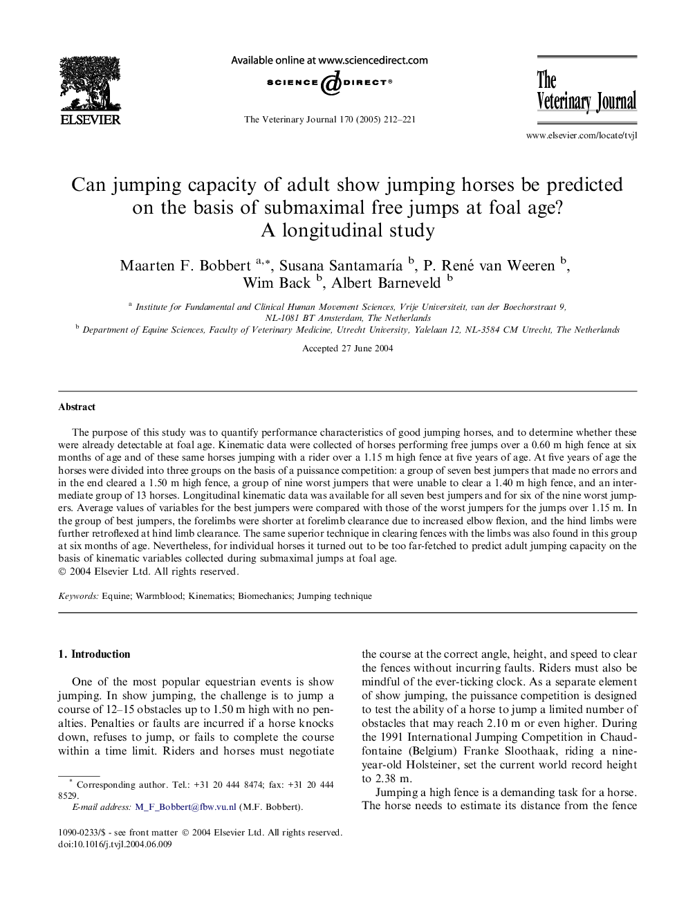 Can jumping capacity of adult show jumping horses be predicted on the basis of submaximal free jumps at foal age? A longitudinal study