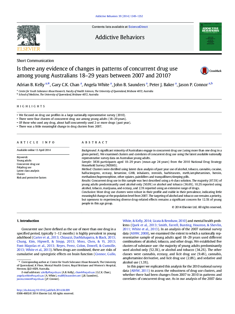 Is there any evidence of changes in patterns of concurrent drug use among young Australians 18–29 years between 2007 and 2010?