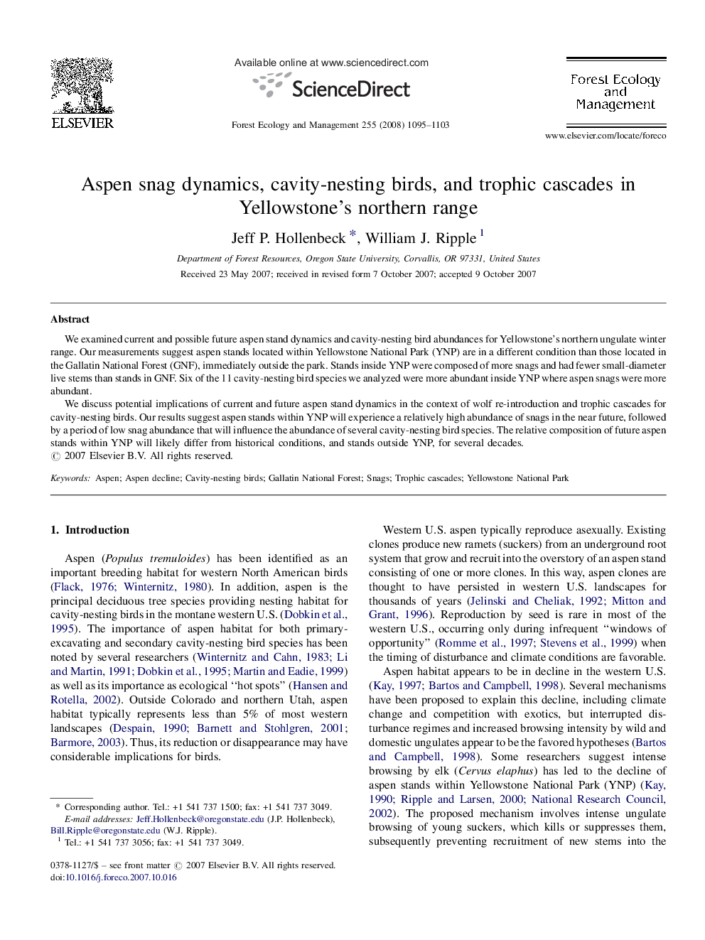 Aspen snag dynamics, cavity-nesting birds, and trophic cascades in Yellowstone's northern range