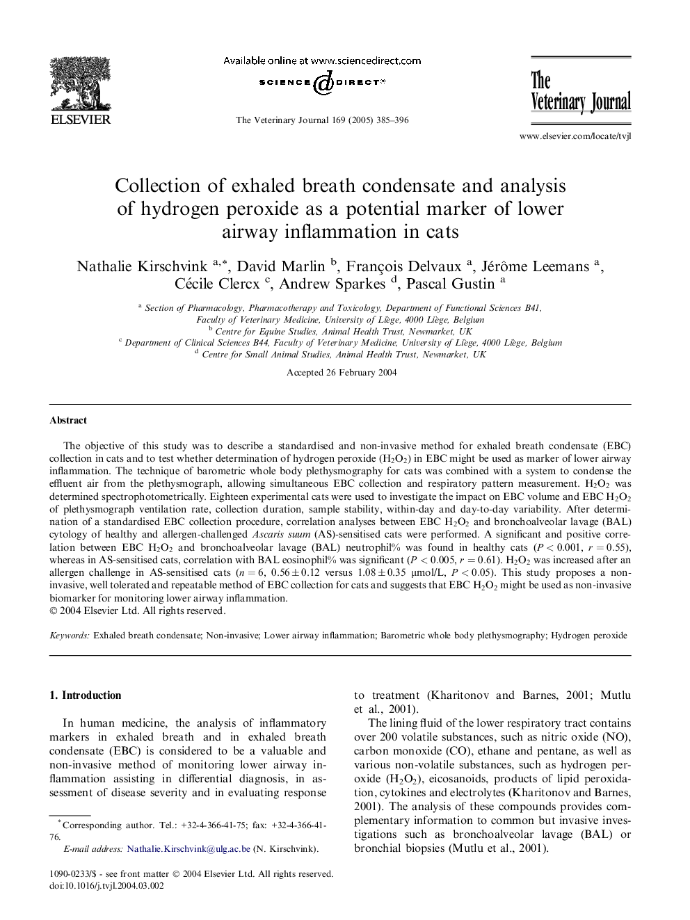 Collection of exhaled breath condensate and analysis of hydrogen peroxide as a potential marker of lower airway inflammation in cats