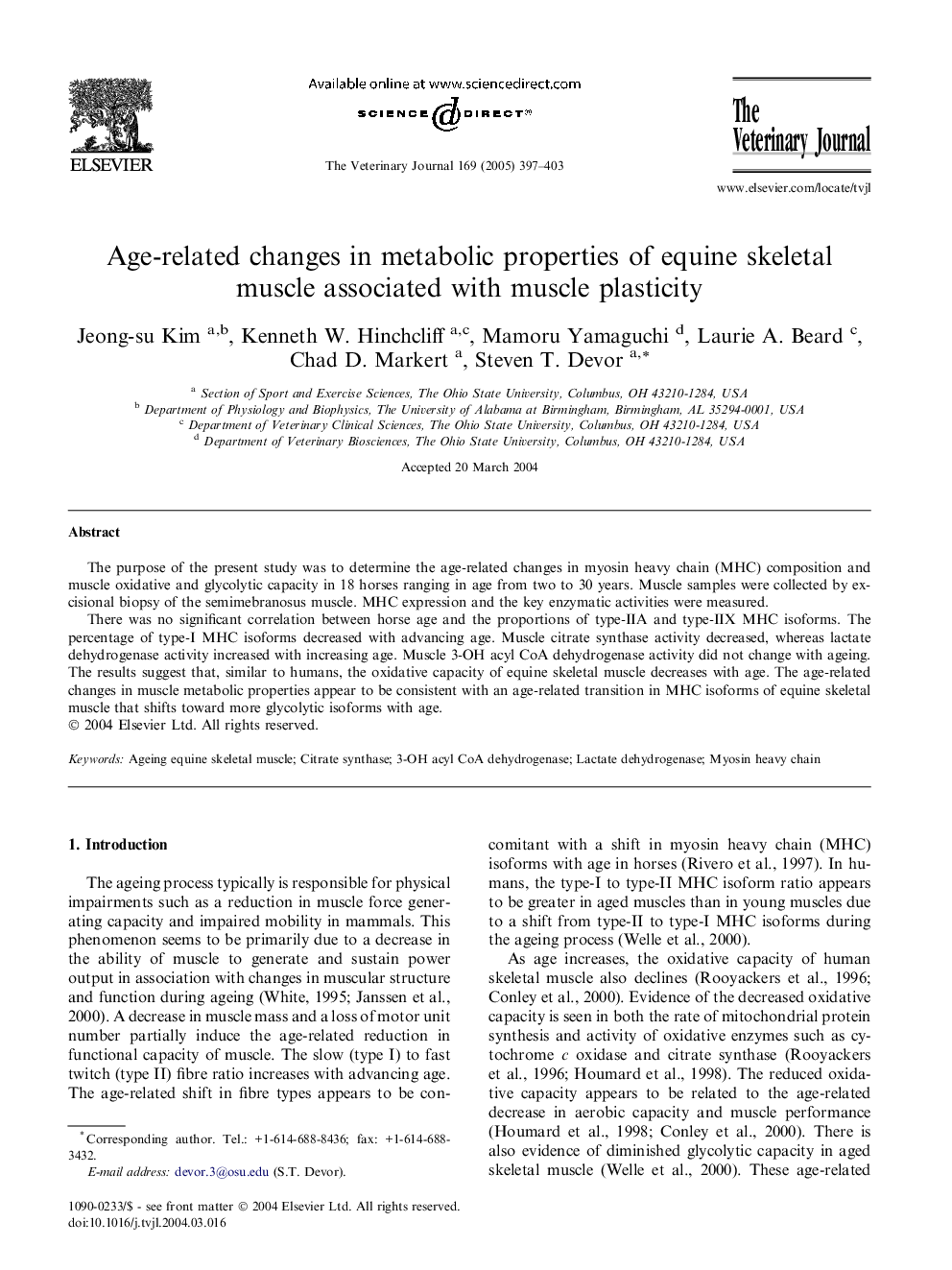 Age-related changes in metabolic properties of equine skeletal muscle associated with muscle plasticity