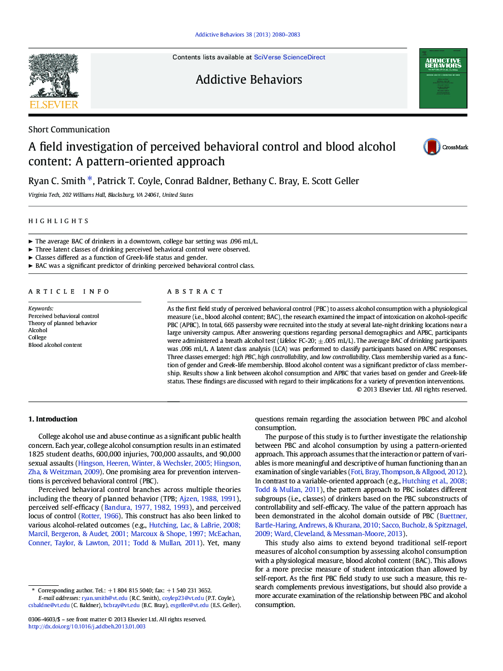 A field investigation of perceived behavioral control and blood alcohol content: A pattern-oriented approach