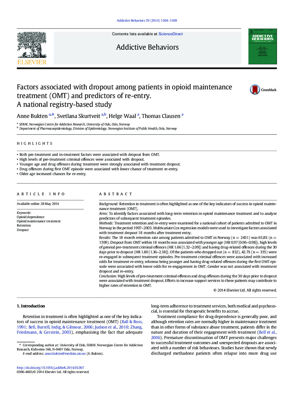 Factors associated with dropout among patients in opioid maintenance treatment (OMT) and predictors of re-entry. A national registry-based study