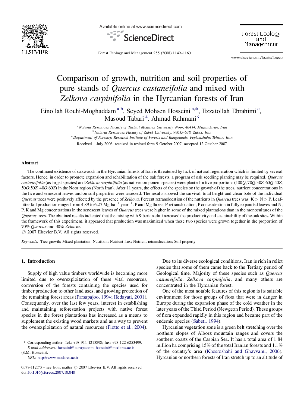 Comparison of growth, nutrition and soil properties of pure stands of Quercus castaneifolia and mixed with Zelkova carpinifolia in the Hyrcanian forests of Iran