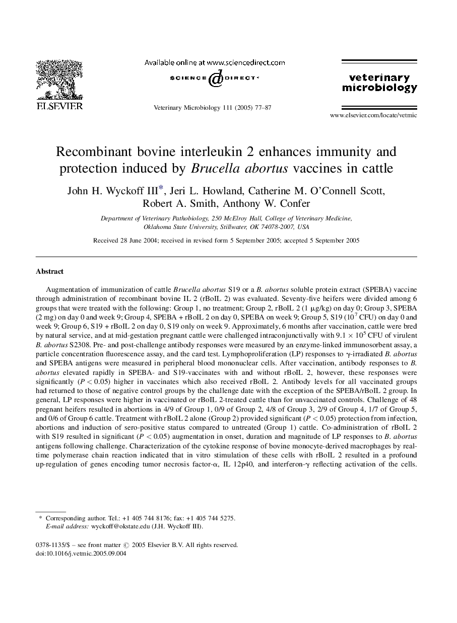 Recombinant bovine interleukin 2 enhances immunity and protection induced by Brucella abortus vaccines in cattle