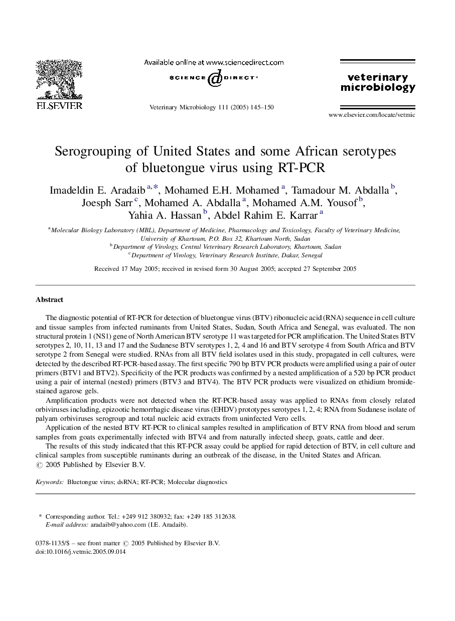 Serogrouping of United States and some African serotypes of bluetongue virus using RT-PCR