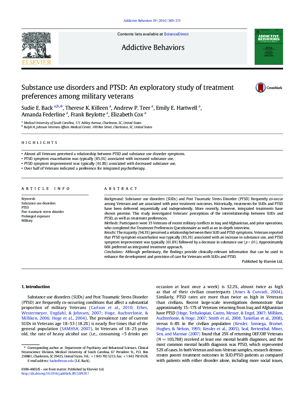 Substance use disorders and PTSD: An exploratory study of treatment preferences among military veterans