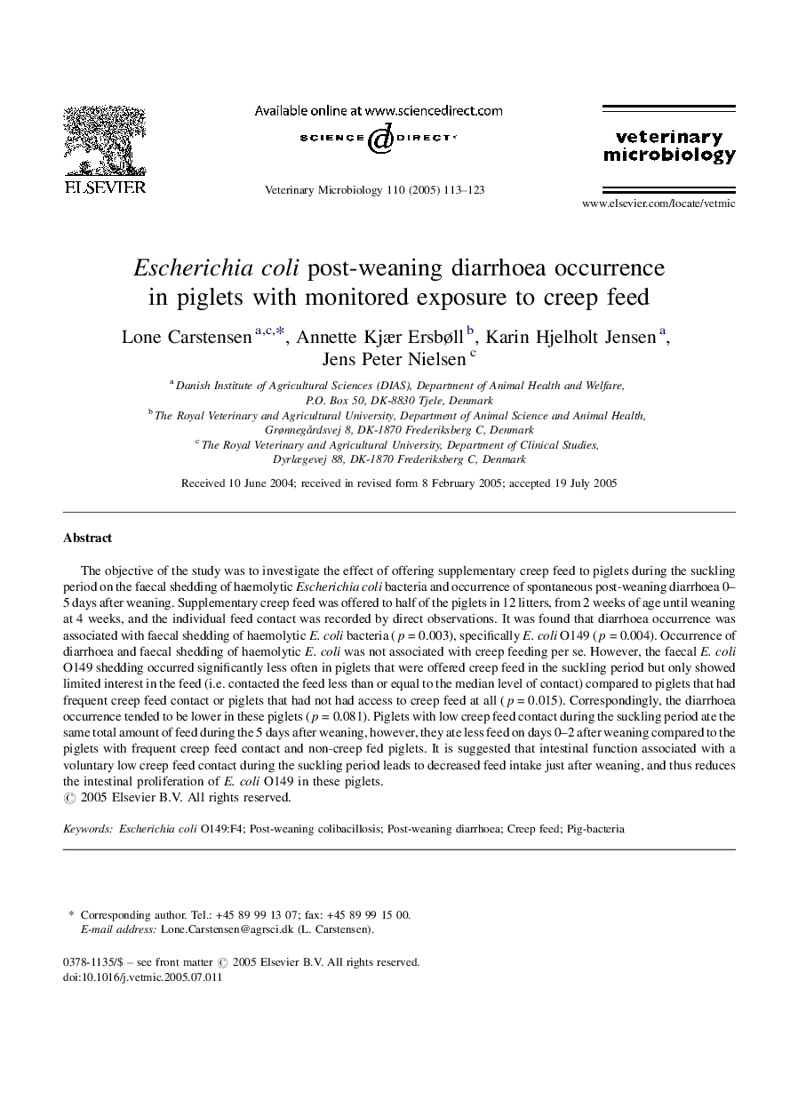 Escherichia coli post-weaning diarrhoea occurrence in piglets with monitored exposure to creep feed