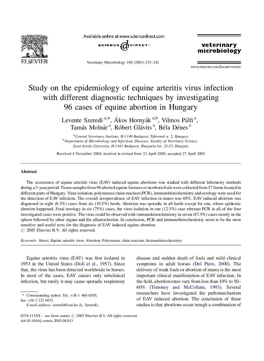 Study on the epidemiology of equine arteritis virus infection with different diagnostic techniques by investigating 96 cases of equine abortion in Hungary