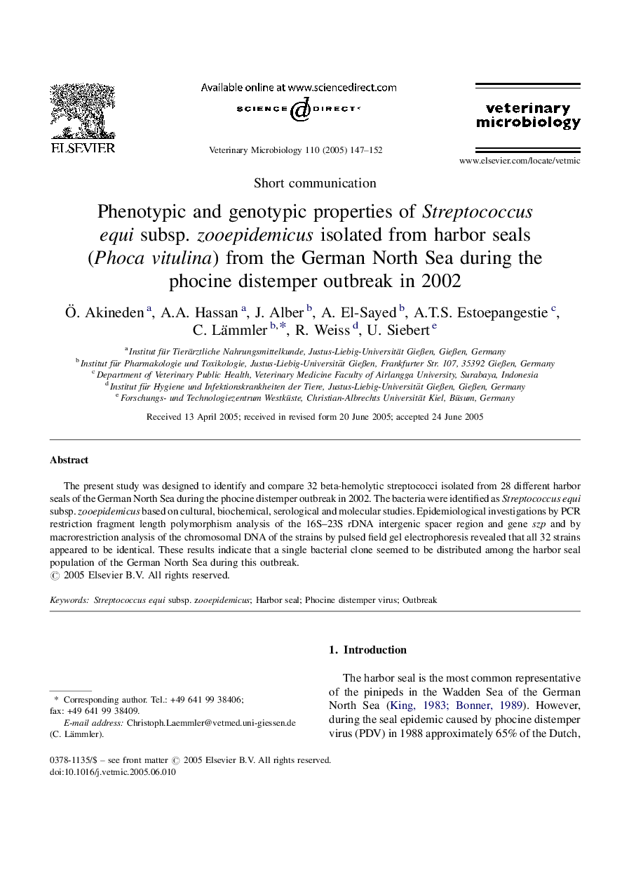 Phenotypic and genotypic properties of Streptococcus equi subsp. zooepidemicus isolated from harbor seals (Phoca vitulina) from the German North Sea during the phocine distemper outbreak in 2002