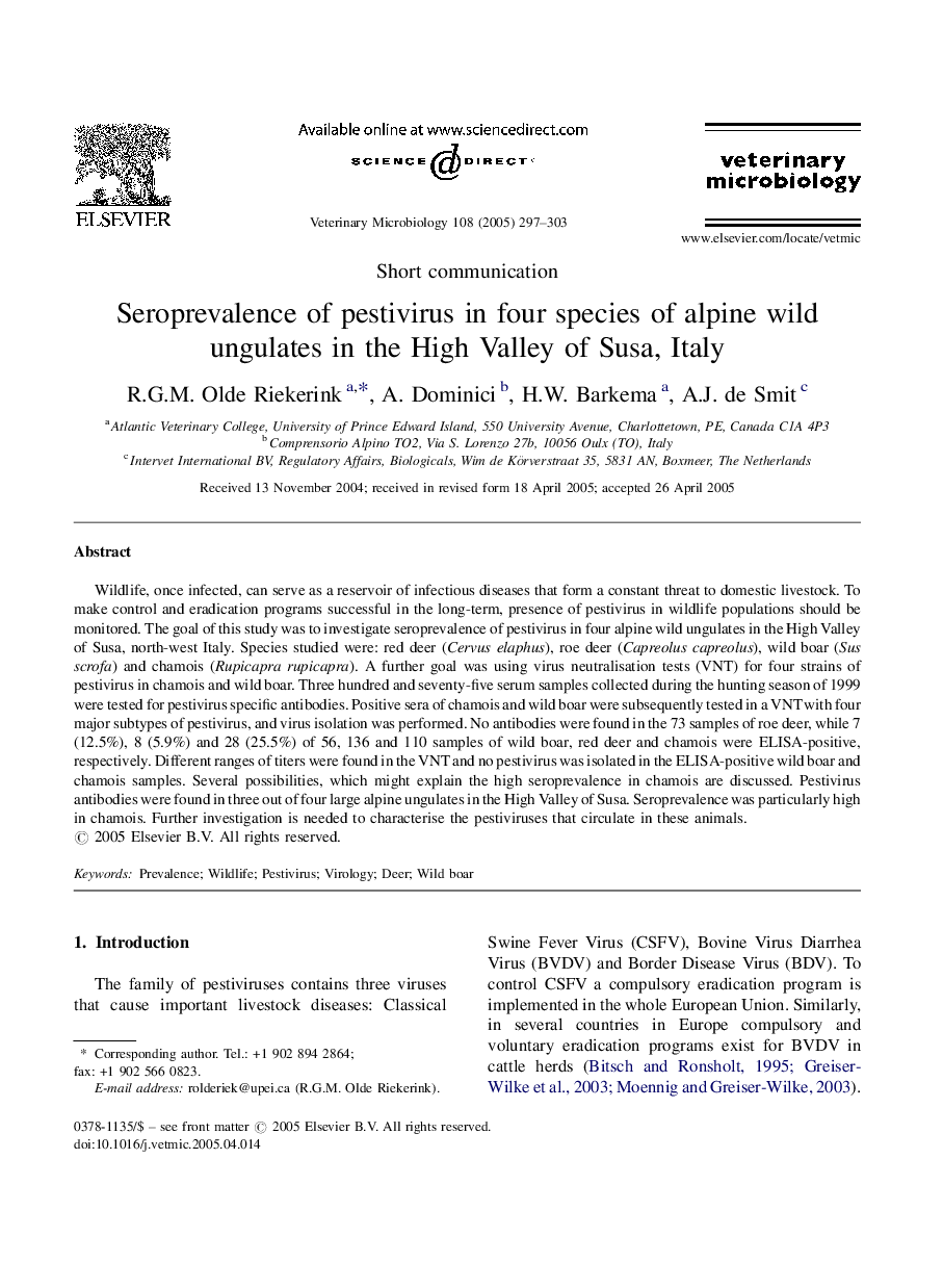 Seroprevalence of pestivirus in four species of alpine wild ungulates in the High Valley of Susa, Italy