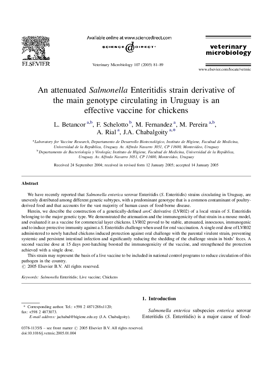 An attenuated Salmonella Enteritidis strain derivative of the main genotype circulating in Uruguay is an effective vaccine for chickens