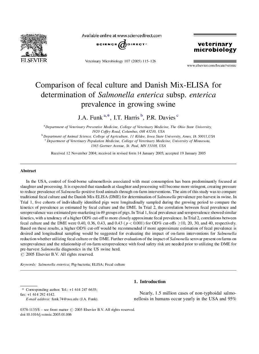 Comparison of fecal culture and Danish Mix-ELISA for determination of Salmonella enterica subsp. enterica prevalence in growing swine